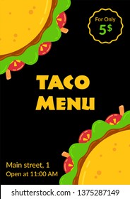 Mexican Cuisine Tasty Taco Fastfood Menu. Restaurant Or Cafe Party Flyer With Two Flat Tacos With Beaf And Chicken, Tomato, Salad And Meat Sauce. Illustration For Traditional Taco Tuesday