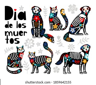 Mexican dead animals  Cats skulls  dogs sugar heads colorful holiday illustration for day the dead  bones skeleton dia de los muertos pets party drawings
