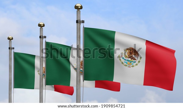 Mexican flag waving in the wind. Blue sky clouds\
with Mexico banner blowing, soft and smooth silk. Cloth fabric\
texture ensign background. Use it for national day and country\
occasions\
concept.