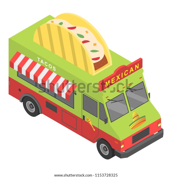 Mexican food truck\
icon. Isometric of mexican food truck icon for web design isolated\
on white\
background