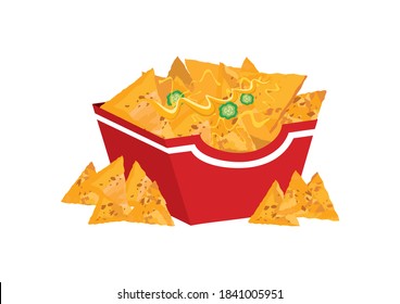 Mexican nacho chips in a box icon illustration. Mexican nachos corn tortilla with cheese and peppers clip art. Nacho chips in a box icon isolated on a white background