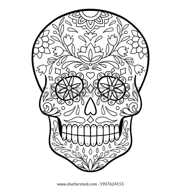 Mexican skull. Sugar skull,\
Day of Death  illustration. Black and white sugar skull. Coloring\
page