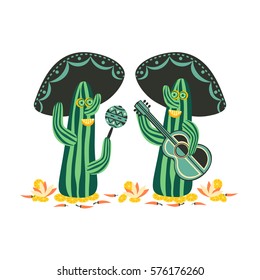 Mexican style  Freehand drawn  Cartoon funny Cactus Mariachi traditional singer sombrero guitar maracas  Symbol Mexico  Design idea for Fiesta Holiday  Humorous party banner background Illustration