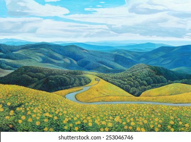  Mexican sunflowers on top of mountain, Thailand, original oil painting