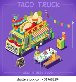 Mexican Taco Food Truck. Delivery Master. Street Food Chef Web Template. NEW Bright Palette 3D Flat  Icon Set Isometric Food Truck Full Of Taste High Quality Dishes Alternative Street Cuisine 