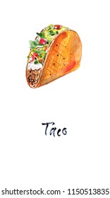 Mexican Taco With Meat And Vegetables, Watercolor Illustration