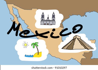 Mexico Map With Major Mexican Landmarks: Mexico City Cathedral, Acapulco Beach And Maya Pyramid