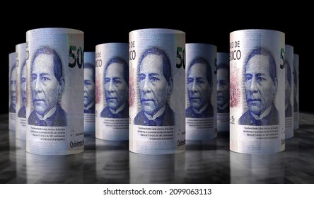 Mexico Pesos money roll 3d illustration. MXN banknote stacks. Concept of finance, cash, economy crisis, business success, recession, bank, tax and debt.