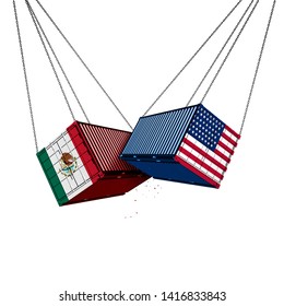 Mexico US trade war and American tariffs as two opposing cargo freight containers in conflict as an economic dispute over import and export taxes concept as a 3D illustration.