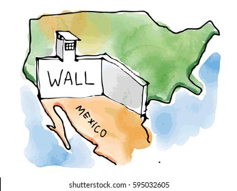 Mexico USA wall by trump, watercolor drawing