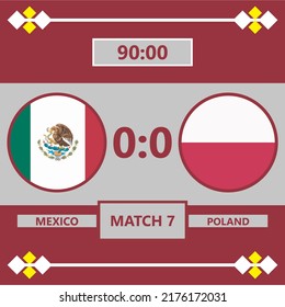 Mexico vs Poland Match. Football 2022. World Football Championship Competition infographic. Group Stage. Group C. Poster, announcement, game score. Scoreboard - Al Rayyan, Qatar - 8 July 2022