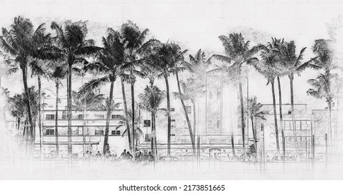 Miami Beach Ocean Drive Hotels And Restaurants At Sunset. City Skyline With Palm Trees At Night. Hand Drawn Style Pencil Sketch