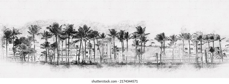 Miami Beach Ocean Drive Hotels And Restaurants At Sunset. City Skyline With Palm Trees At Night. Hand Drawn Style Pencil Sketch