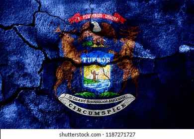 Michigan Rusted Cracked Flag, Rusty Background. United States Of America Earthquake