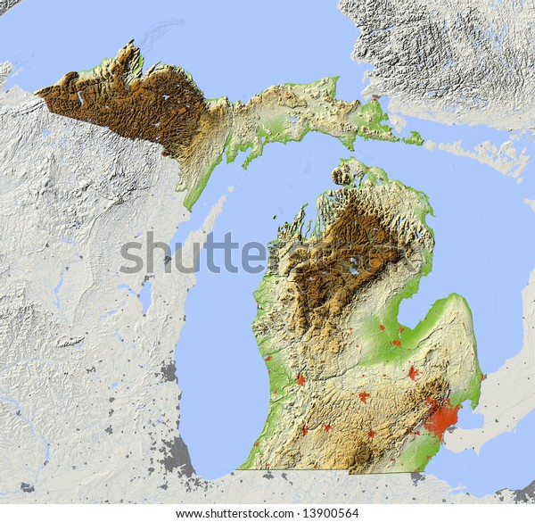 Michigan Shaded Relief Map Shows Major Stock Illustration 13900564 ...