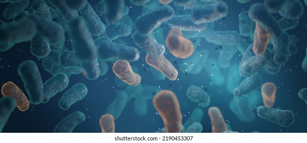 Micro Bacterium Therapeutic Bacteria Organisms. Microscopic Salmonella, Lactobacillus Or Acidophilus Organism Background 3D Render