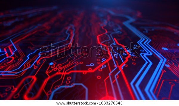 マイクロチップテクノロジーターミナルの背景 デジタル赤い青の背景 プリント基板 テクノロジーの壁紙 3dイラスト 回路基板の未来的なサーバコード処理 のイラスト素材