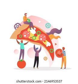 Micro male characters chefs holding huge delicious pizza and tomato slices, illustration. Italian cuisine, pizza restaurant, pizzeria business concept for web banner, website page etc. - Powered by Shutterstock