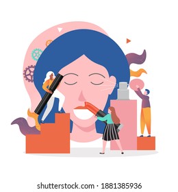 Micro male and female characters professional make-up artists applying makeup on huge woman face, illustration. Visagiste services, master class concept for web banner, website page etc. - Powered by Shutterstock