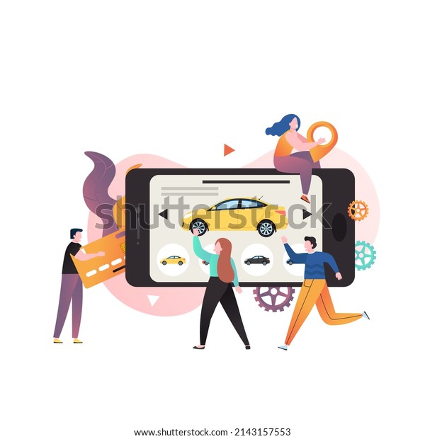 Micro male and female\
characters using huge smartphone for car rental and making payment\
online, illustration. Carsharing composition for web banner,\
website page etc.