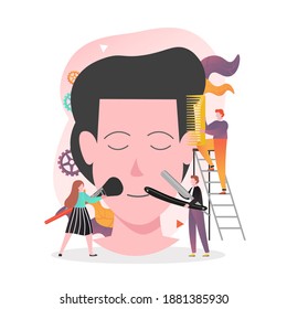 Micro male and female characters visagistes applying professional makeup on huge man face, illustration. Beauty salon services, makeup courses concept for web banner, website page etc. - Powered by Shutterstock