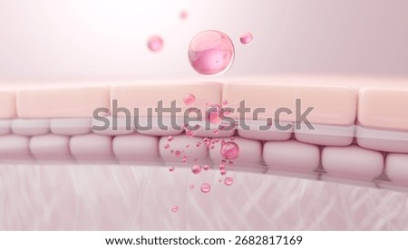 Micro serum molecules with pink active ingredients absorbing between skin cells. concept for collagen, salmon DNA, PDRN, or peptide repair. 3D render.