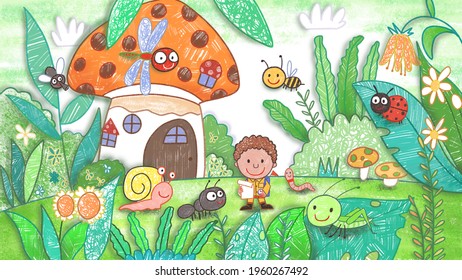 Micro World Mushroom House Little Adventurers Backdrop Cartoon Background. Cute Oil Pastel Drawing Crayon Doodle For Children Book Illustration, Poster, Or Wall Painting. Lady Bug, Cricket, Dragonfly