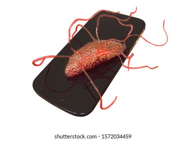 Microbial Contamination Of A Mobile Phone, Smartphone, Conceptual Image, 3D Illustration