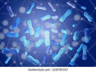 Microbiome Elements In Blue. Microbiome Of Human Immunity. Probiotics In Human Stomach. Probiotic Background. Immune System Of Body. People Health Background. Probiotics Backdrop. 3d Image.