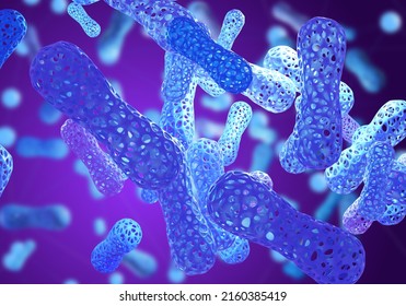 Microbiome Elements On Blue. Probiotic Background. Microbiome Human Body. Probiotics In Immune System. Immune System Body. Probiotics Texture Pattern. Human Health Background. 3d Rendering.