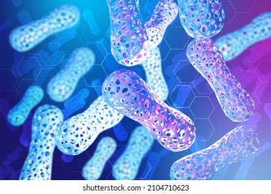 Microbiome Of Human Body. Probiotics In Immune System. Probiotic Background. Microbiome Elements On Blue. Immune System Of Body. Human Health Background. Probiotics Texture Pattern. 3d Rendering.