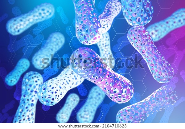 microbiome of human body. Probiotics in immune\
system. Probiotic background. Microbiome elements on blue. Immune\
system of body. Human health background. Probiotics texture\
pattern. 3d\
rendering.