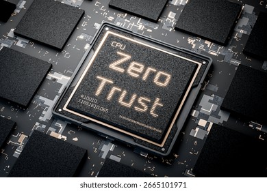 microchip. security concept. network accounts. The inscription "Zero trust". The "Zero trust" security model. Secure network. 3d render