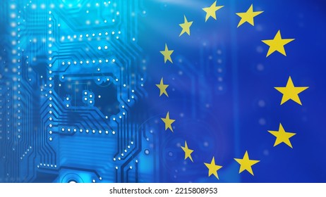Microelectronics for European Union. European alliance flag in micro board style. Concept of purchase of microelectronics by countries of European Union. Microelectronics production in EU. 3d image. - Shutterstock ID 2215808953