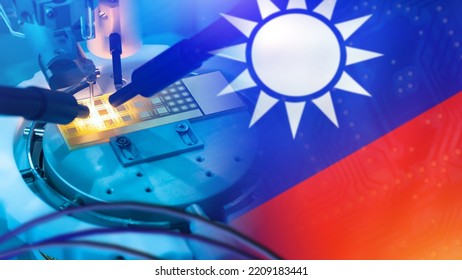 Microelectronics Taiwan. Machine for manufacture of components for microelectronics. Creation microprocessors in factories in Taiwan. Sales of microelectronics from Taiwan. Art blurred. 3d image.