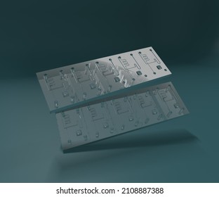 A microfluidic chip is a set of micro-channels etched or molded into a glass material 3d rendering