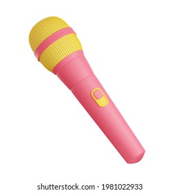 Microphone 3d Render Illustration. Pink And Yellow Mic For Singing Or Podcast Concept. Pastel Colored Wireless Mike For Radio Or Music Entertainment Isolated On White Background.