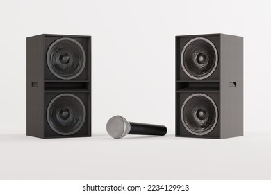 The microphone among the speakers. Concert concept, singing to karaoke. Vocal performance into the microphone. 3D render, 3D illustration. - Powered by Shutterstock