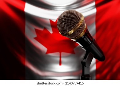 Microphone on the background of the National Flag of Canada, realistic 3d illustration. music award, karaoke, radio and recording studio sound equipment