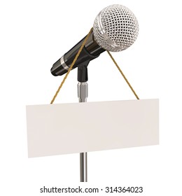 Microphone On Stand With Sign And Blank Copyspace For Your Own Words Or Message To Illustrate Open Mic Night, Karaoke Competition Or Stand-up Comedy Or Singing