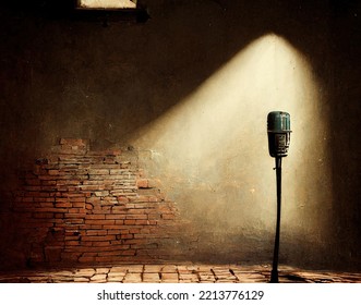 Microphone ready on stage against a brick wall ready for the Karaoke performer - Powered by Shutterstock