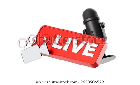 Microphone with red LIVE button and video camera icon in cartoon style, isolated on white background. Concept of online streaming and broadcasting. 3D Rendering