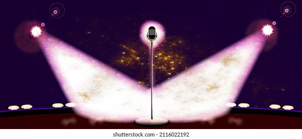 A microphone spot lit by two spotlights on a wide stage set with pink and gold - Powered by Shutterstock