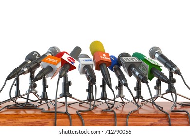 Microphones of different mass media, radio, tv and press prepared for conference meeting. Press conference or interview concept. 3d illustration - Powered by Shutterstock