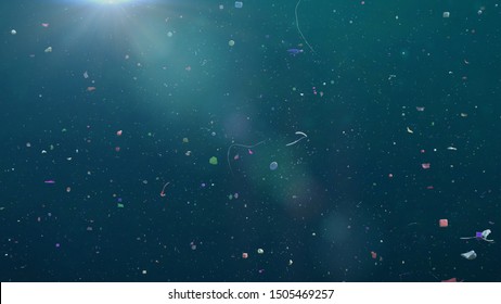 microplastics floating in the current, micro plastic pollution in ocean water (3d rendering) 