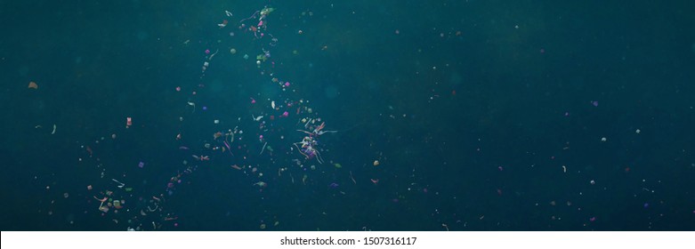 microplastics floating in ocean water, micro plastic pollution (3d illustration banner)