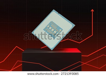 Microprocessor chip floating above a pedestal with red graph lines and grid in background, symbolizing technology growth and market trend concept, 3D Rendering
