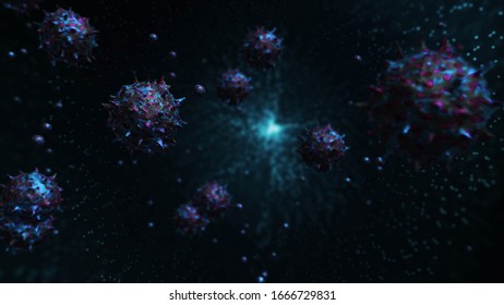 Microscope close up to Virus and bacteria. 3d Rendering of Coronavirus 2019-nCov concept for asian flu called COVID-19. 3d medical render for corona virus influenza disease.