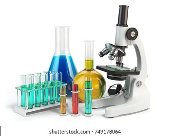 Microscope With Flasks And Vials. Chemistry Labratory Tools. 3d Illustration