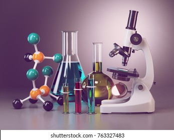 Microscope With Flasks, Vials And Model Of Molecule. Chemistry Or Medical Pharmaceutical Labratory Tools. 3d Illustration